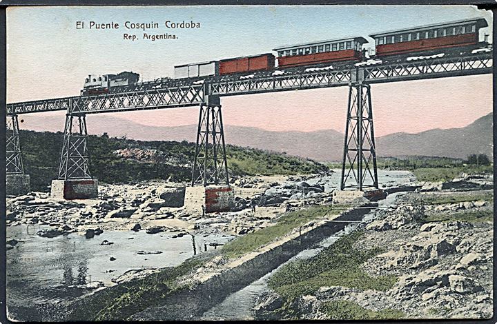 Argentina, El Puente Cosquin Cordoba med damptog. Sendt fra Argentina 1910 til Danmark. Lille hj. skade.