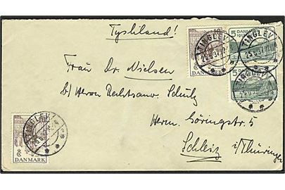 5 øre (2) og 10 øre (2) Regentjubilæum på 30 øre frankeret brev stemplet Tinglev sn2 d. 25.6.1937 til Tyskland.