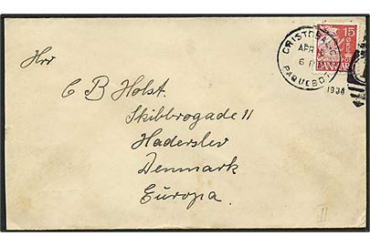 15 øre Karavel på brev fra Canal Zonen annulleret med skibsstempel Cristobal Paquebot d. 16.4.1936 til Haderslev, Danmark. Fra sømand ombord på S/S Frida.