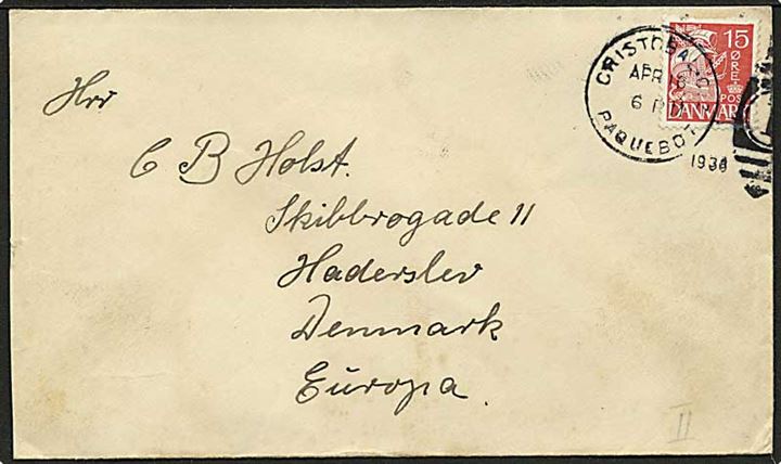 15 øre Karavel på brev fra Canal Zonen annulleret med skibsstempel Cristobal Paquebot d. 16.4.1936 til Haderslev, Danmark. Fra sømand ombord på S/S Frida.