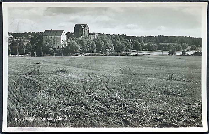 Finsk 15 mk. Løve på brevkort (Kastelholm slottsruin) stemplet Mariehamn d. 10.9.1955 til Upsala, Sverige.