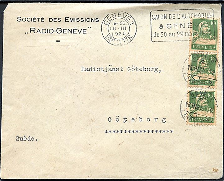 10 c. i 3-stribe på fortrykt kuvert fra Radio-Genéve stemplet Genéve d. 16.3.1925 til Radiotjänst Göteborg, Sverige.