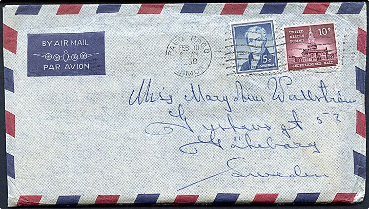 15 cents frankeret luftpostbrev stemplet Pago Pago Samoa d. 10.2.1958 til Göteborg, Sverige. Sendt fra S/S Kungsholm, Svensk Amerika Linie.