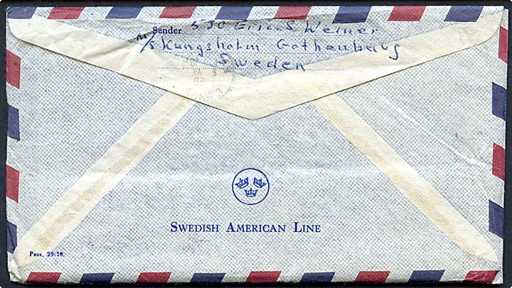 15 cents frankeret luftpostbrev stemplet Pago Pago Samoa d. 10.2.1958 til Göteborg, Sverige. Sendt fra S/S Kungsholm, Svensk Amerika Linie.