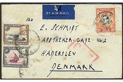1/-, 20 c. og 50 c. George VI på luftpostbrev fra Kitale Kenya d. 12.1.1945 til Haderslev, Danmark. Rødt O.A.T. stempel fra London. Sjældent på forsendelser til Danmark.