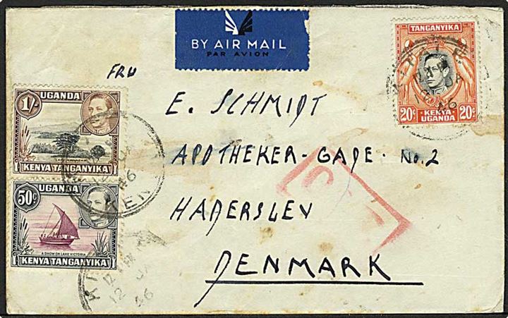1/-, 20 c. og 50 c. George VI på luftpostbrev fra Kitale Kenya d. 12.1.1945 til Haderslev, Danmark. Rødt O.A.T. stempel fra London. Sjældent på forsendelser til Danmark.