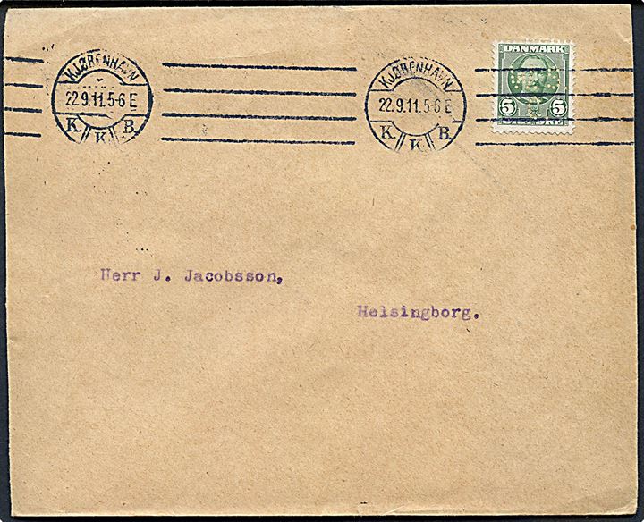 5 øre Fr. VIII med perfin W.S.C. (W. Strøier & Co.) på firmakuvert fra Transaction sendt som tryksag fra Kjøbenhavn d. 22.9.1911 til Helsingborg, Sverige.