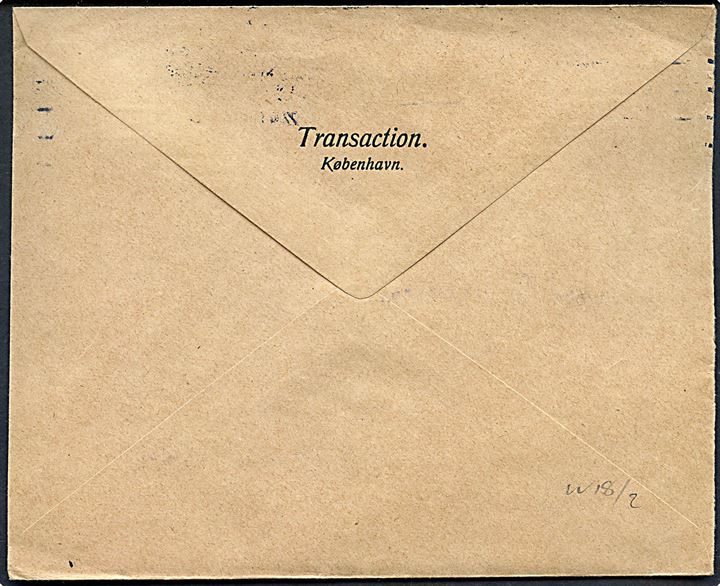 5 øre Fr. VIII med perfin W.S.C. (W. Strøier & Co.) på firmakuvert fra Transaction sendt som tryksag fra Kjøbenhavn d. 22.9.1911 til Helsingborg, Sverige.