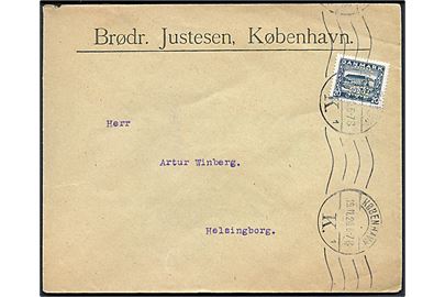 20 øre Genforening med perfin B.J. på firmakuvert fra Brødr. Justesen fra København d. 19.11.1920 til Helsingborg, Sverige.
