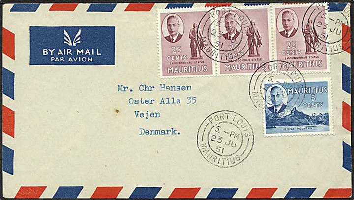 5 c. og 25 c. (3) på luftpostbrev fra Port Louis Mauritius d. 23.6.1951 til Vejen, Danmark.