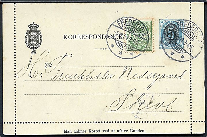 5/4 øre provisorisk helsagskorrespondancekort med fuld rand opfrankeret med 5 øre Våben fra Fredericia d. 5.12.1904 til Skive.
