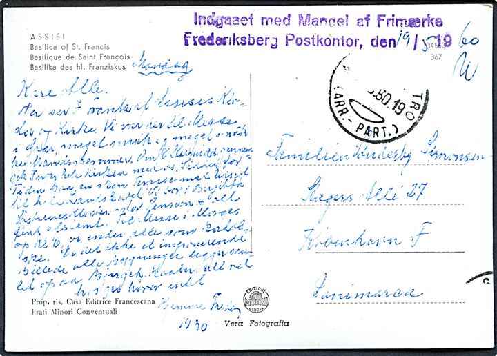Brevkort fra Assisi 1960 til København med stempel Indgaaet med Mangel af Frimærke / Frederiksberg Postkontor, den 19/5 1960.