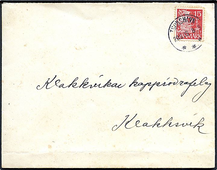 15 øre Karavel på brev annulleret med brotype IIIc Thorshavn d. 20.6.1939 til Klaksvig.