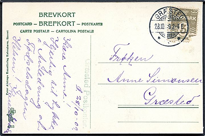 3 øre Bølgelinie (defekt) på lokalt brevkort annulleret med brotype Ia Græsted d. 28.10.1909. Grønt liniestempel: Græsted Postkontor..