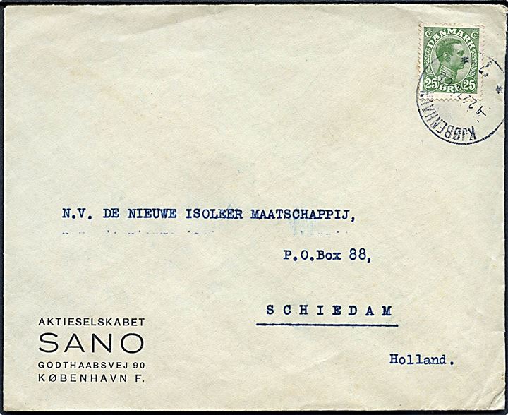 25 øre Chr. X single på brev fra Kjøbenhavn 7 d. 4.2.1927 til Schiedam, Holland.