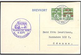5 øre Bølgelinie og D.F.U. provisorium i parstykke på brevkort annulleret med særstempel Danmark * Det rullende Postkontor * d. 4.9.1938 til Odense. Fra 10. Filatelistdag i Slagelse.