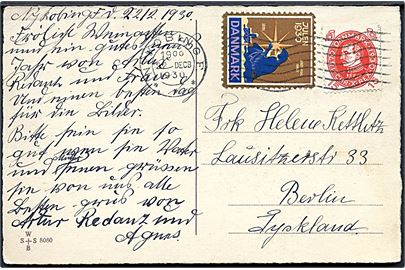 15 øre Chr. X 60 år og Julemærke 1930 på julekort fra Nykøbing F. d. 22.12.1930 til Berlin, Tyskland.