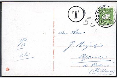 5 øre H. C. Andersen på underfrankeret brevkort (Fisketorvet, Odense) sendt som underfrankeret tryksag fra Odense d. 5.8.1936 til Holland. Sort T-stempel og påskrevet 5c.