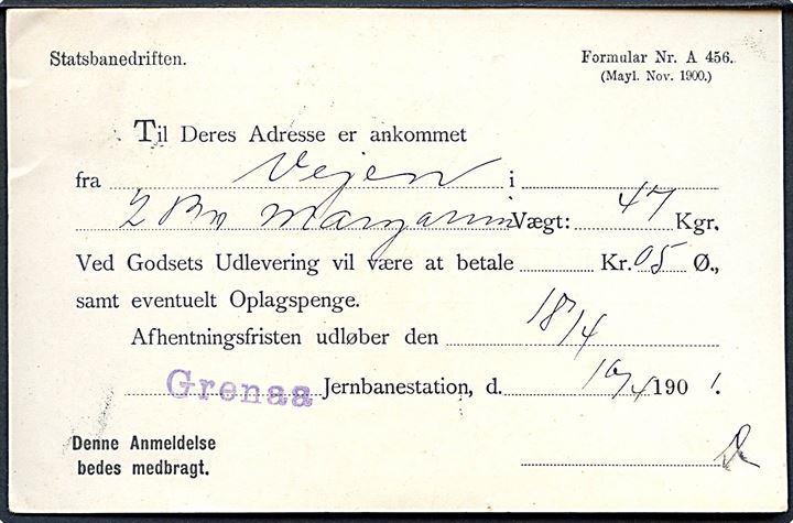 5 øre Våben på adviskort fra Statsbanedriften annulleret med lapidar Grenaa d. 18.4.1901 til Anholt. På bagsiden liniestempel Grenaa.