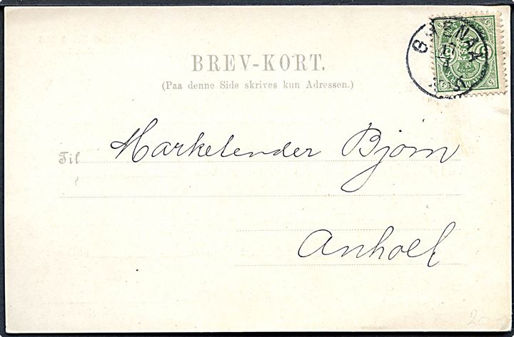 5 øre Våben på adviskort fra Statsbanedriften annulleret med lapidar Grenaa d. 18.4.1901 til Anholt. På bagsiden liniestempel Grenaa.