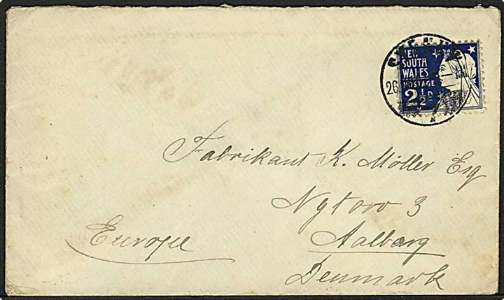 New South Wales 2½d Victoria på brev fra Sydney d. 26.11.1897 til Ålborg, Danmark.