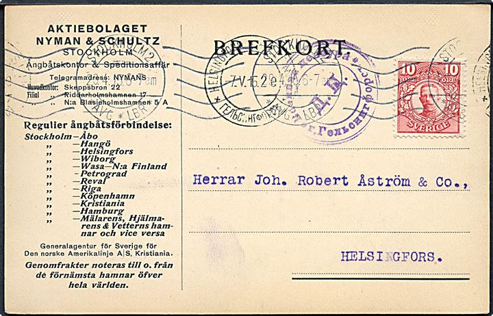 10 öre Gustaf på brevkort fra Stockholm d. 29.4.1915 til Helsingfors, Finland. Russisk censur fra Helsingfors.