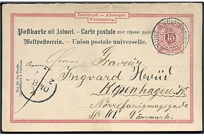 10 pfg. spørgedel af dobbelt helsagsbrevkort fra Gmünd in Württemberg d. 28.2.1894 til Kjøbenhavn, Danmark.