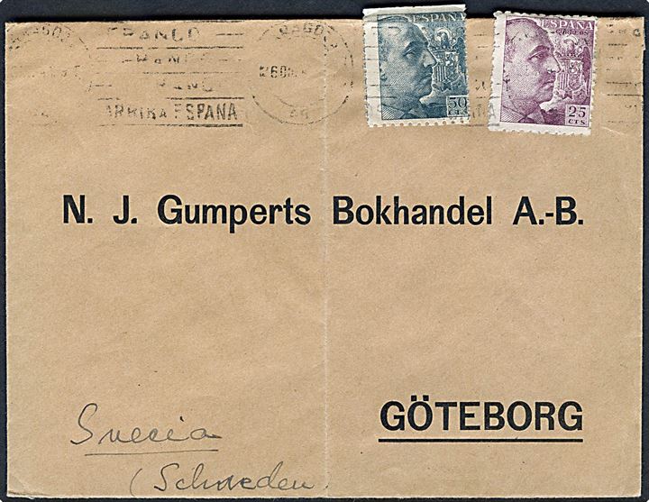 25 cts. og 50 cts. Franco på brev fra Zaragosa med utydelig dato til Göteborg, Sverige. Åbnet af spansk censur i Barcelona.