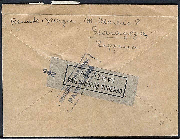 25 cts. og 50 cts. Franco på brev fra Zaragosa med utydelig dato til Göteborg, Sverige. Åbnet af spansk censur i Barcelona.