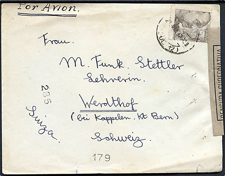2 pts. Franco single på luftpostbrev fra Barcelona d. 21.3.1942 til Werdthof bei Kappelen, Schweiz. Åbnet af spansk censur i Barcelona.