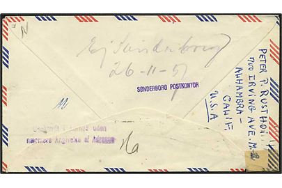 15 c. luftpostbrev fra Alhambra d. 19.11.1951 til Hospital i Danmark. Forespurgt i Sønderborg, Aarhus og Haderslev. På bagsiden liniestempel: Sønderborg Postkontor.