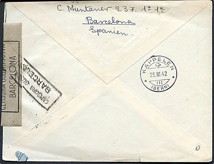 2 pts. Franco single på luftpostbrev fra Barcelona d. 21.3.1942 til Werdthof bei Kappelen, Schweiz. Åbnet af spansk censur i Barcelona.