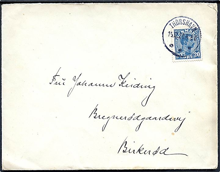 20 øre Chr. X på brev fra Midvaag annulleret med brotype IIIb Thorshavn d. 15.12.1920 til Birkerød. Ank.stemplet i Birkerød d. 31.12.1920.