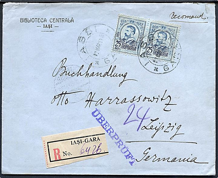 25 bani Karl I i parstykke på anbefalet brev fra Iasi d. 19.3.1915 til Leipzig, Tyskland. Østrigsk censur Überprüft. Ank.stemplet i Leipzig d. 24.3.1915.