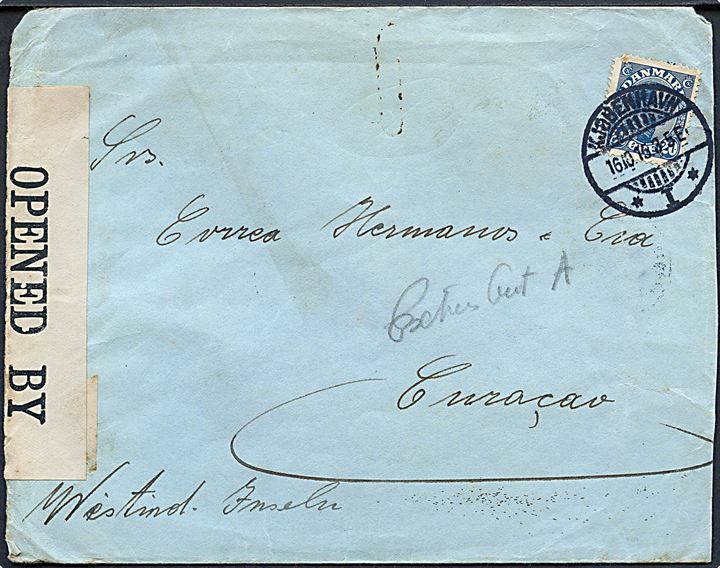 20 øre Chr. X på brev fra Kjøbenhavn d. 16.10.1915 til Curacao, Hollandsk Vestindien. Brevet dobbelt censureret i England og først ankomststemplet d. 30.9.1919. Meget lang befordringstid.