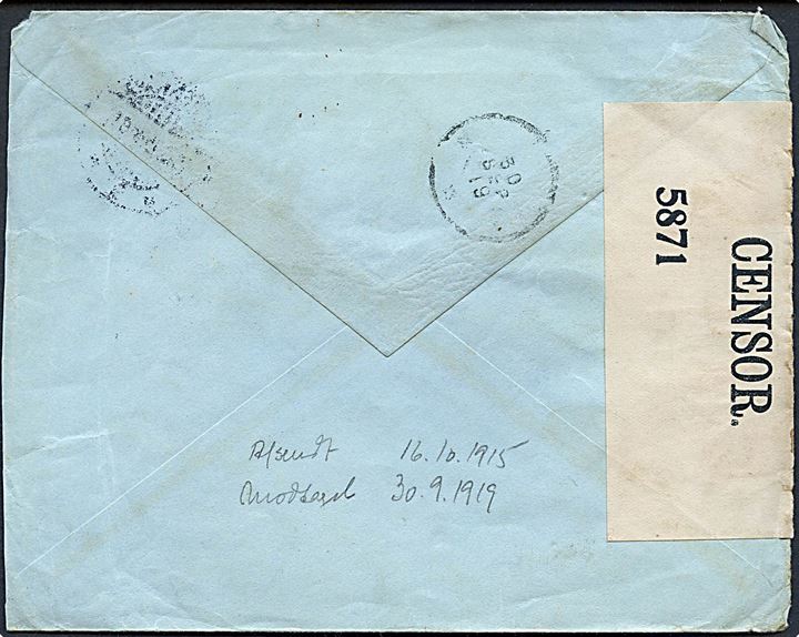 20 øre Chr. X på brev fra Kjøbenhavn d. 16.10.1915 til Curacao, Hollandsk Vestindien. Brevet dobbelt censureret i England og først ankomststemplet d. 30.9.1919. Meget lang befordringstid.
