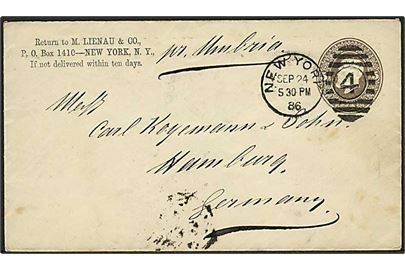 5 cents helsagskuvert fra New York d. 24.9.1886 til hamburg, Tyskland. Påskrevet: pr. Umbria.