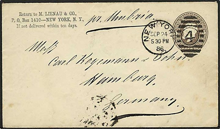 5 cents helsagskuvert fra New York d. 24.9.1886 til hamburg, Tyskland. Påskrevet: pr. Umbria.