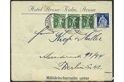 40 c. frankeret brev fra Inner-Arosa d. 13.2.1915 til Berlin, Tyskland. Åbnet af militærcensur i München.