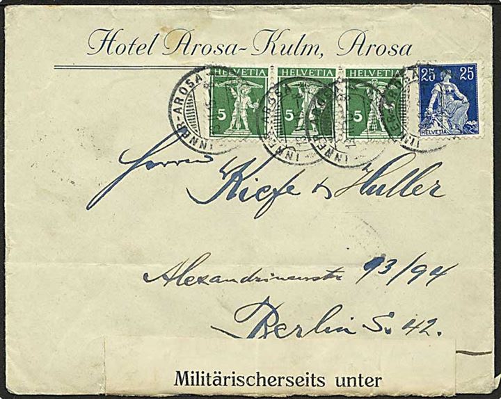 40 c. frankeret brev fra Inner-Arosa d. 13.2.1915 til Berlin, Tyskland. Åbnet af militærcensur i München.