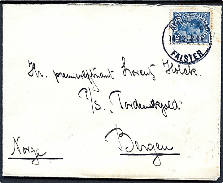 20 øre Chr. X på brev fra Nykjøbing Falster d. 14.1.1921 til premierløjtnant ombord på det norske panserskib Tordenskjold i Bergen, Norge.