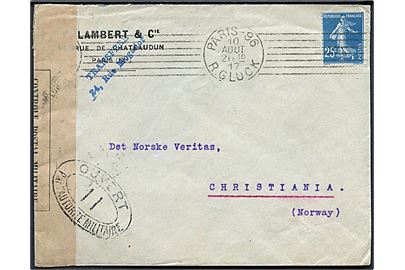 25 c. på brev fra Paris d. 10.8.1917 til Chistiania, Norge. Åbnet af fransk censur i Dieppe no. 11. På bagsiden 5 c. velgørenhedsmærke.
