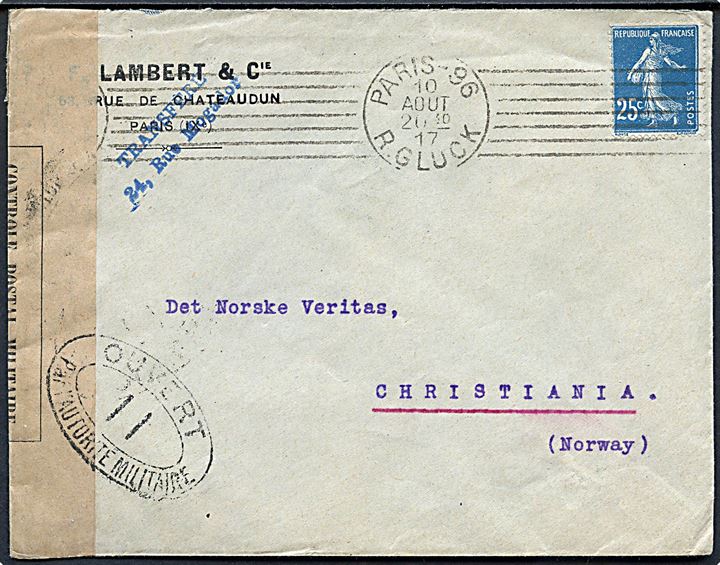 25 c. på brev fra Paris d. 10.8.1917 til Chistiania, Norge. Åbnet af fransk censur i Dieppe no. 11. På bagsiden 5 c. velgørenhedsmærke.
