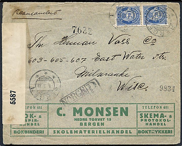 20 øre Posthorn i parstykke på firmakuvert fra C. Monsen sendt anbefalet fra Bergen d. 8.3.1919 via New York til Milwauke, USA. Åbnet af britisk censur no. 5587.