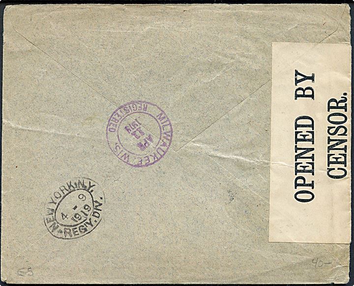 20 øre Posthorn i parstykke på firmakuvert fra C. Monsen sendt anbefalet fra Bergen d. 8.3.1919 via New York til Milwauke, USA. Åbnet af britisk censur no. 5587.