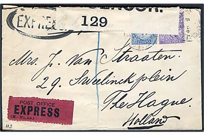 2½d og 3d George V på ekspresbrev fra London d. 5.1.1916 til Haag, Holland. Åbnet af britisk censur no. 129.