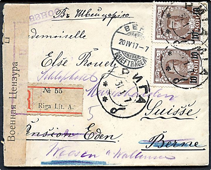 10/7 kop. Provisorium (2) på anbefalet brev fra Riga d. 31.1.1917 til Bern, Schweiz - eftersendt til Weesen. Åbnet af russisk censur i Petrograd.