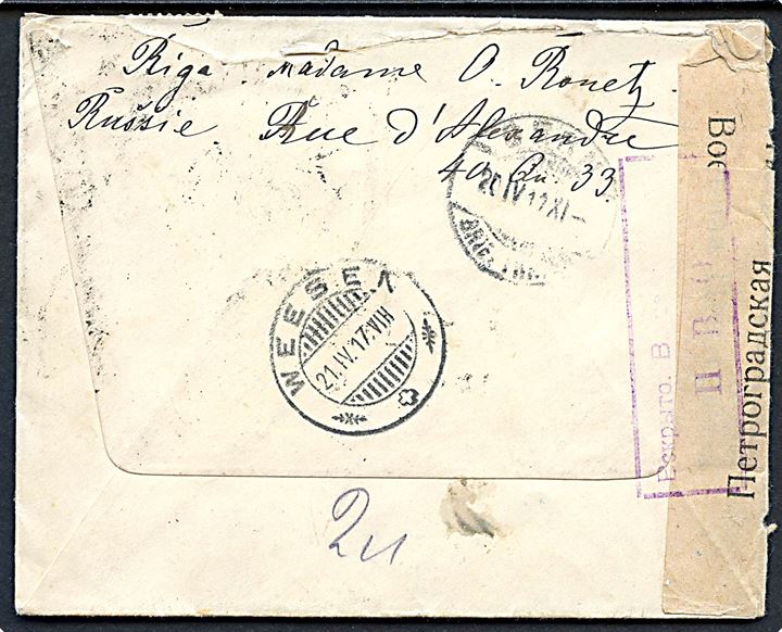 10/7 kop. Provisorium (2) på anbefalet brev fra Riga d. 31.1.1917 til Bern, Schweiz - eftersendt til Weesen. Åbnet af russisk censur i Petrograd.