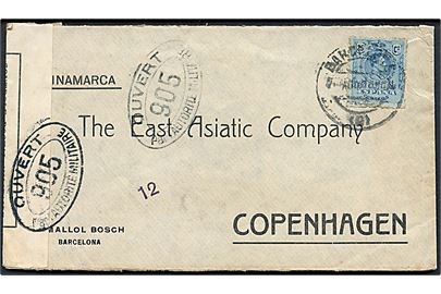 25 cts. Alfonso XIII single på brev fra Barcelona d. 7.8.1916 til Kjøbenhavn, Danmark. Åbnet af den franske censur i London med stempel 905.