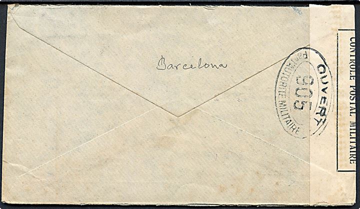 25 cts. Alfonso XIII single på brev fra Barcelona d. 7.8.1916 til Kjøbenhavn, Danmark. Åbnet af den franske censur i London med stempel 905.